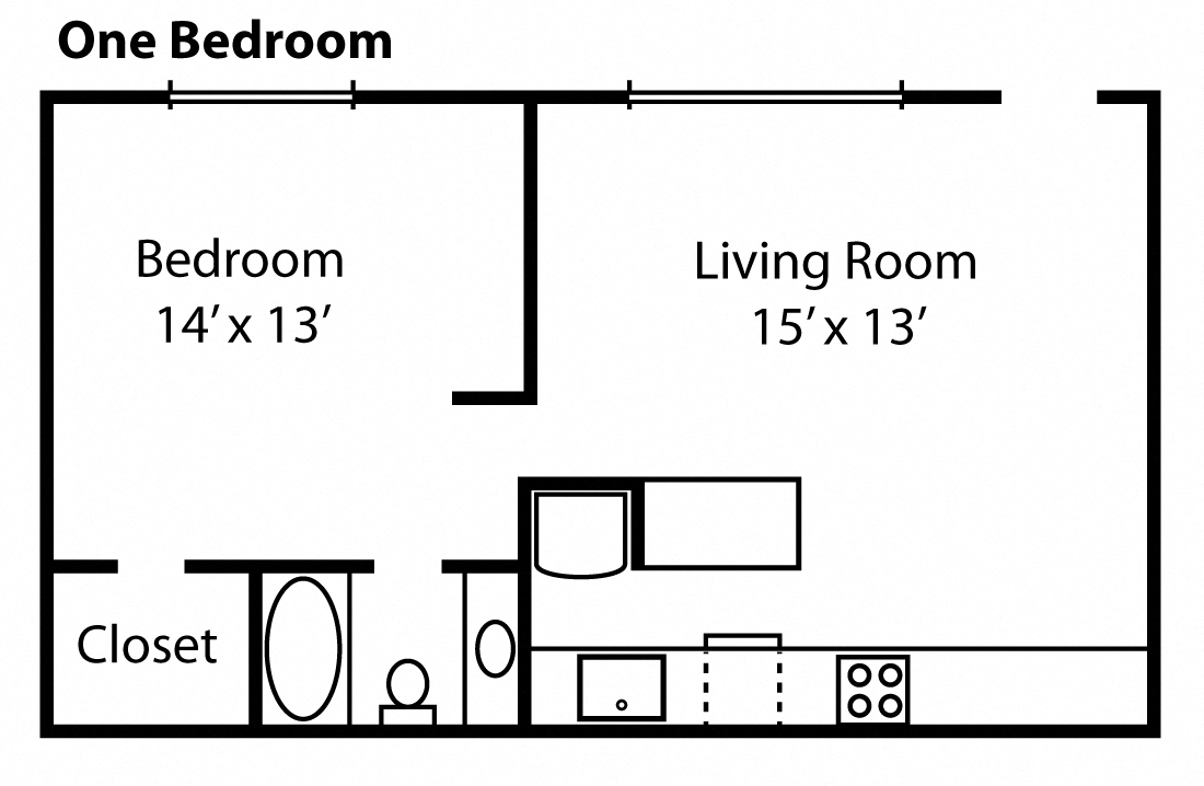 Floor plan for 1 bed, 1 bath, 600 sqft